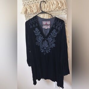 Johnny Was Velvet Embroidered V-Neck Tunic Dress Silk Blend Navy Size XS